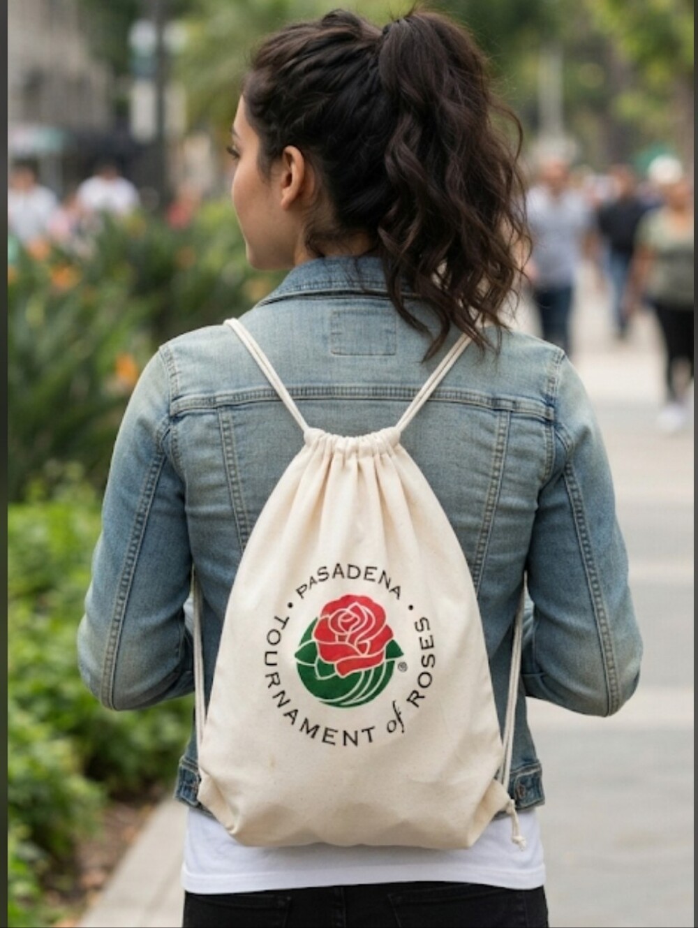 Official Pasadena Tournament Of Roses Canvas Drawstring Backpack Natural Canvas